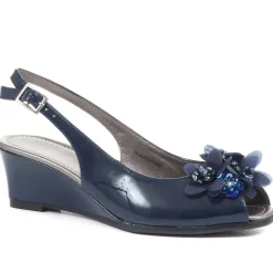 Slingback Peep-Toe Wedge Heels - Navy Patent