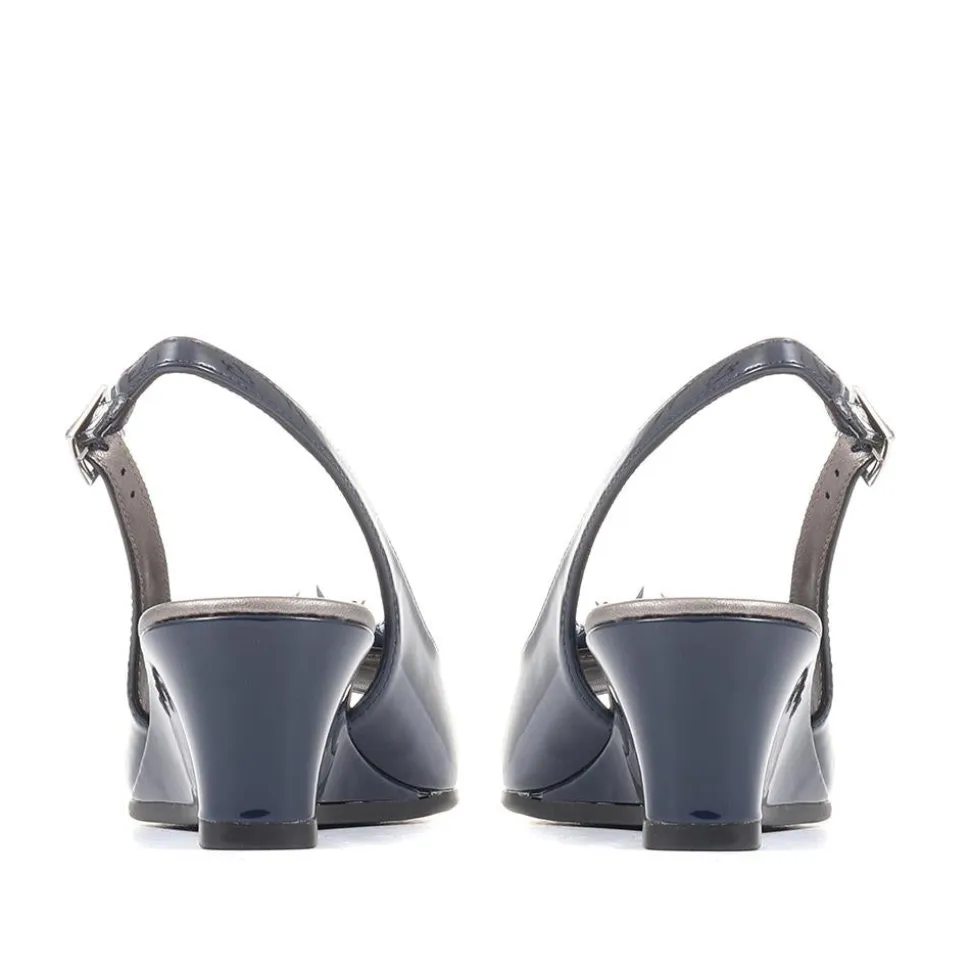 Slingback Peep-Toe Wedge Heels - Navy Patent