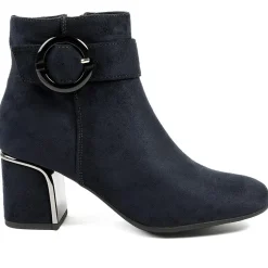 Smart Block-Heeled Long Boots - Navy Faux Suede