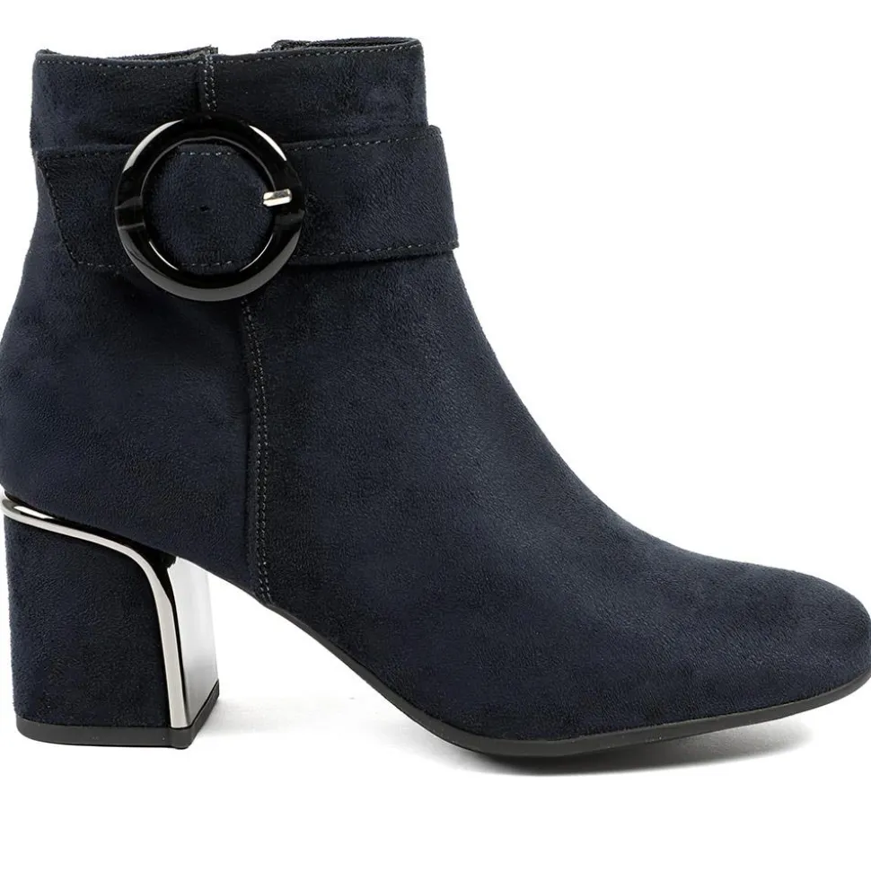 Smart Block-Heeled Long Boots - Navy Faux Suede