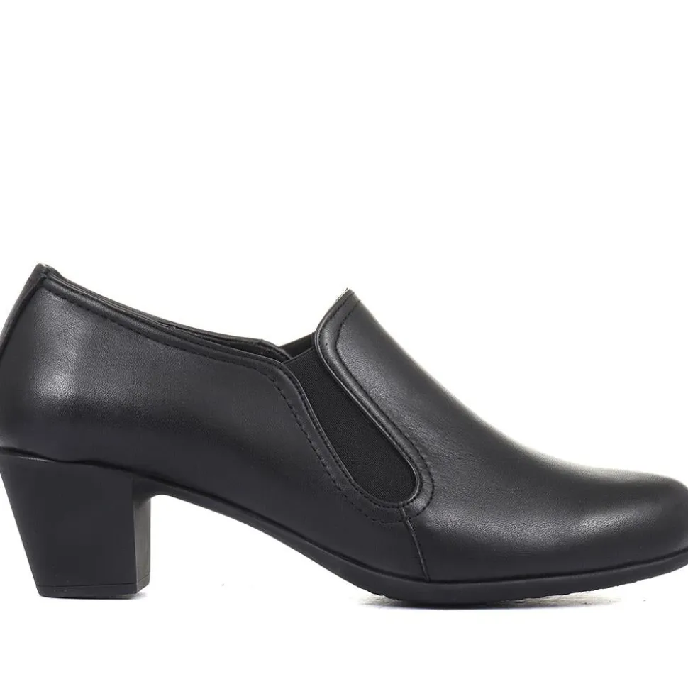 Smart Block Heel Leather Slip On Shoes - Black