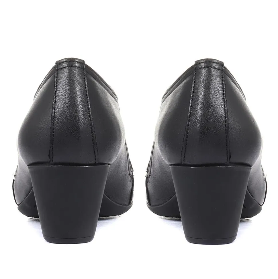 Smart Block Heel Leather Slip On Shoes - Black