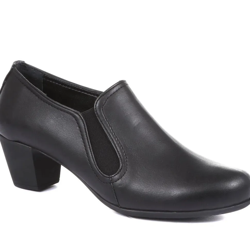 Smart Block Heel Leather Slip On Shoes - Black