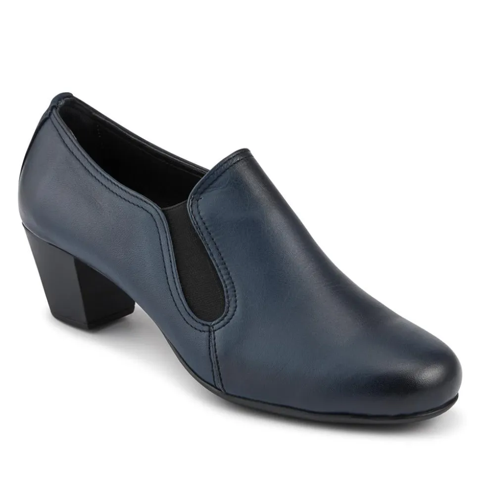 Smart Block Heel Leather Slip On Shoes - Navy