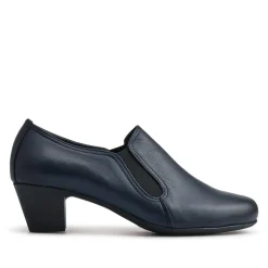 Smart Block Heel Leather Slip On Shoes - Navy