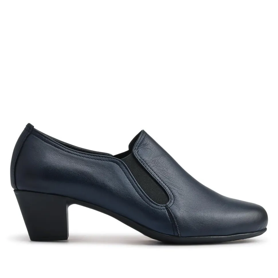 Smart Block Heel Leather Slip On Shoes - Navy