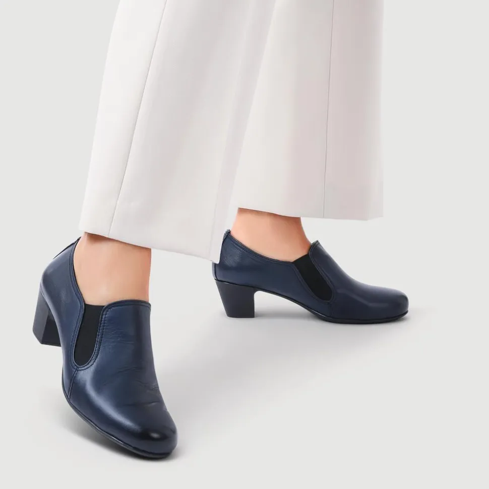 Smart Block Heel Leather Slip On Shoes - Navy