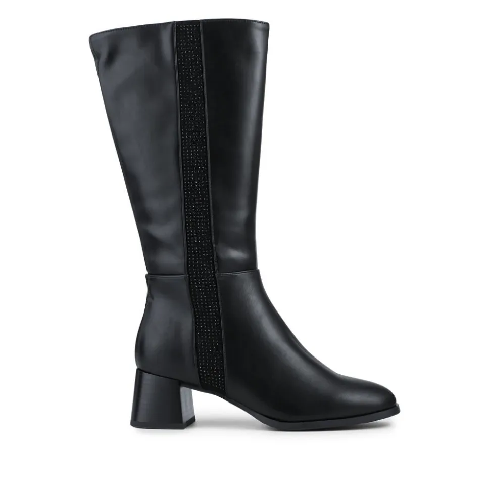 Smart Flare Heel Calf Length Boots - Black