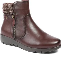 Smart Knitted Cuff Wedged Ankle Boots - Burgundy
