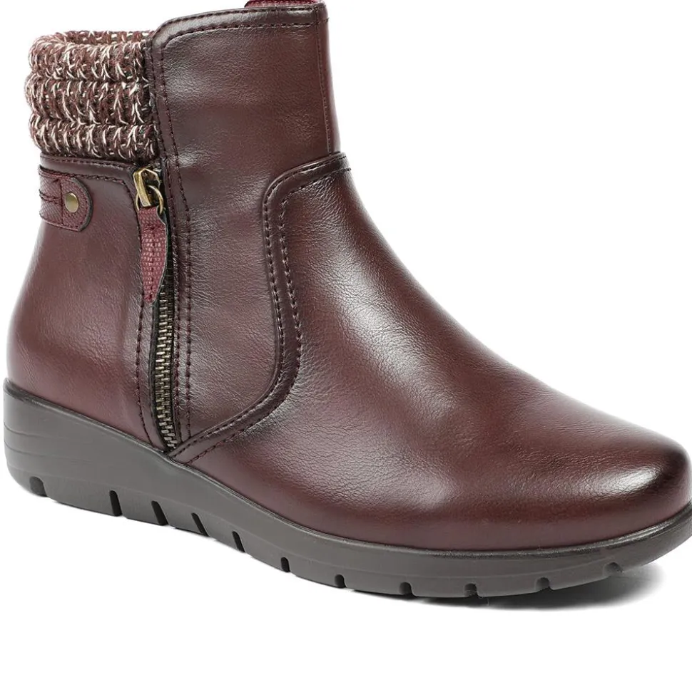 Smart Knitted Cuff Wedged Ankle Boots - Burgundy
