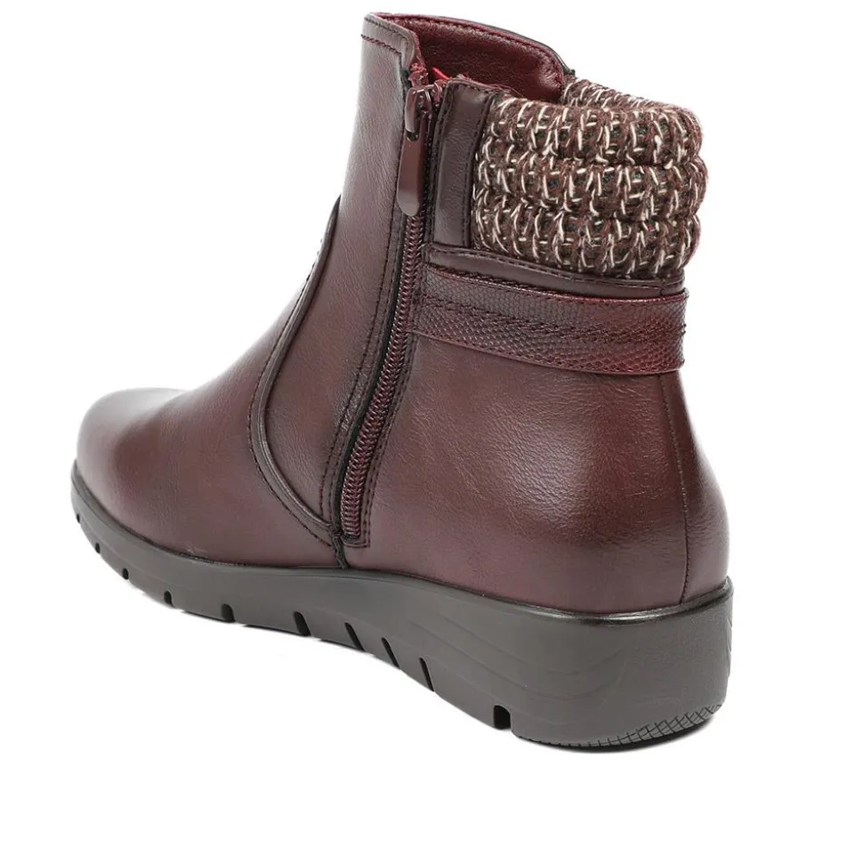 Smart Knitted Cuff Wedged Ankle Boots - Burgundy