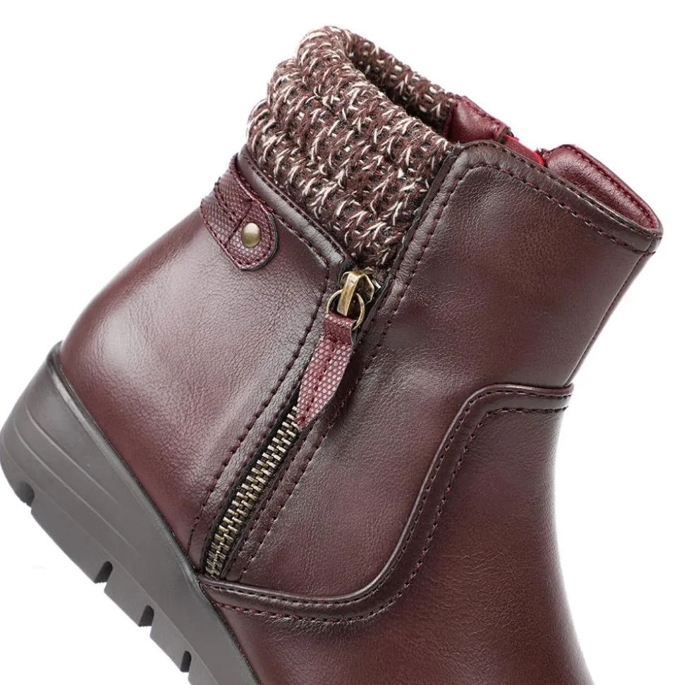 Smart Knitted Cuff Wedged Ankle Boots - Burgundy