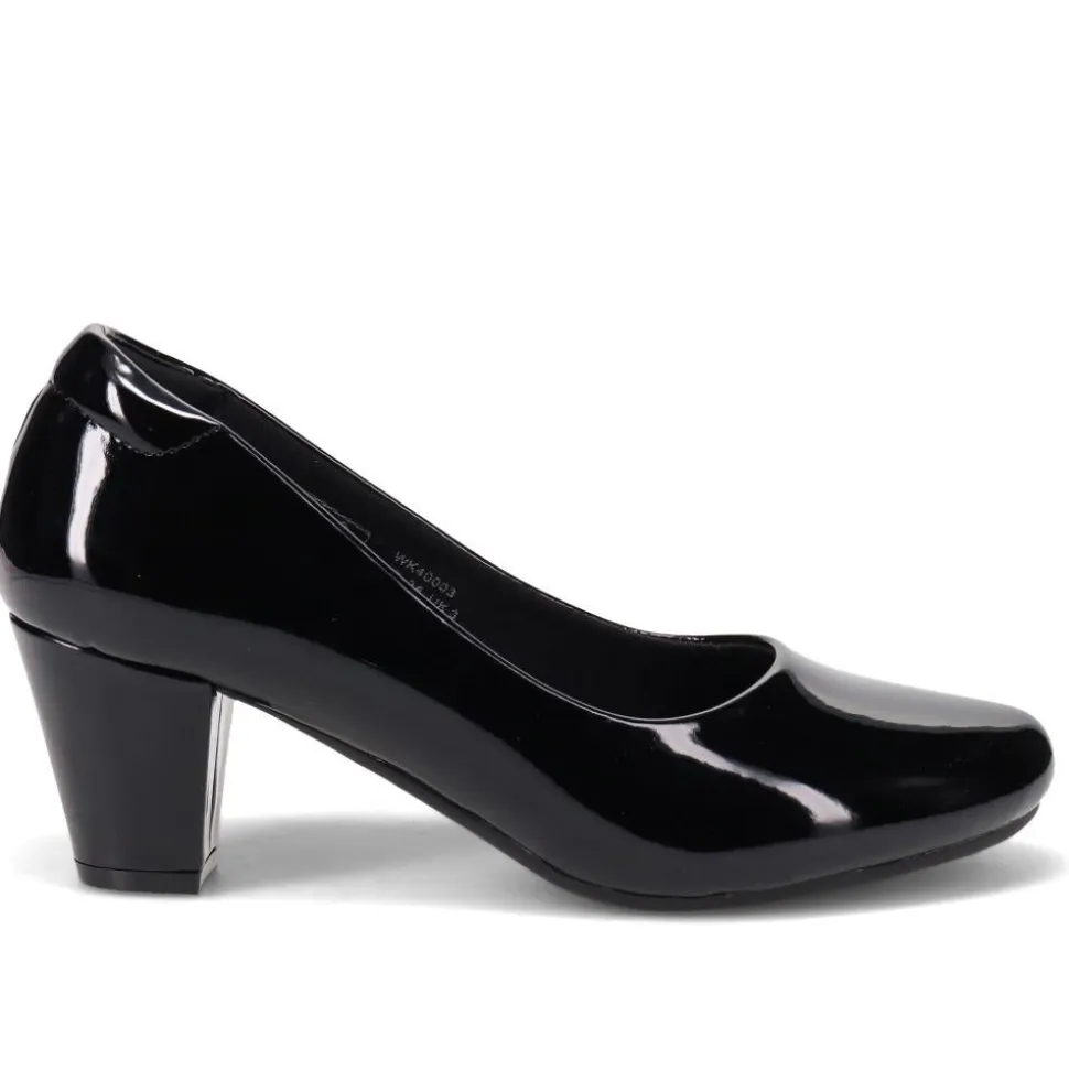 Stacked-Heel Court Shoes - Black Patent