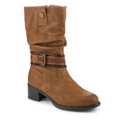 Stacked Heel Slouch Design Biker Boots - Tan