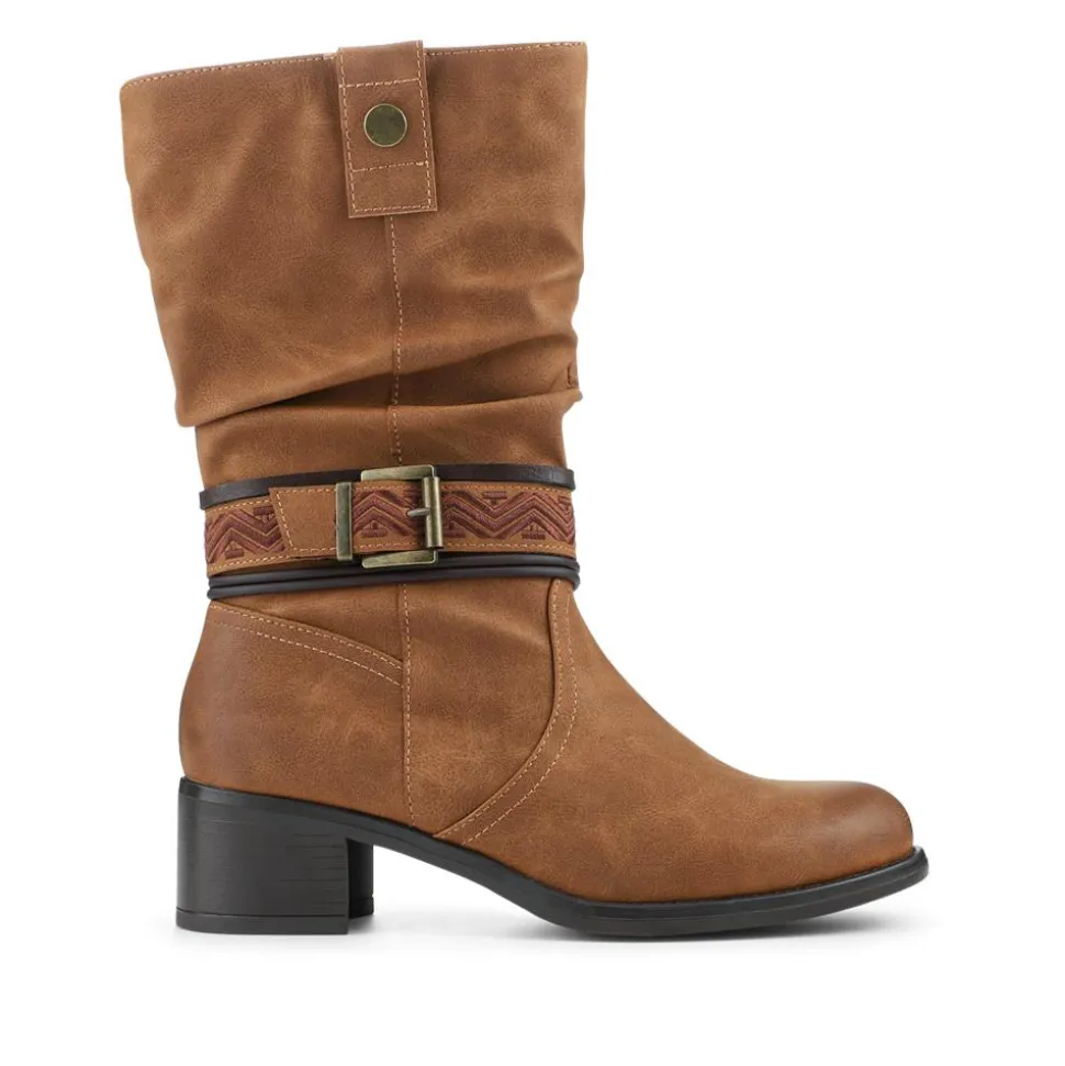 Stacked Heel Slouch Design Biker Boots - Tan