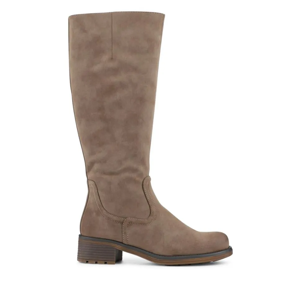Stacked Heel Zip Up Long Boots - Taupe