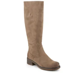 Stacked Heel Zip Up Long Boots - Taupe