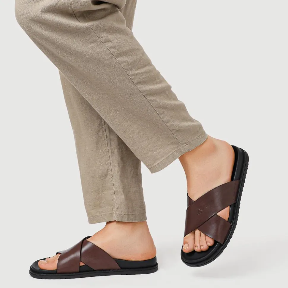 Strappy Leather Slides - Brown