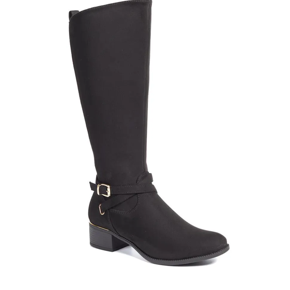 Stretch Back Buckle Detail Long Boots - Black