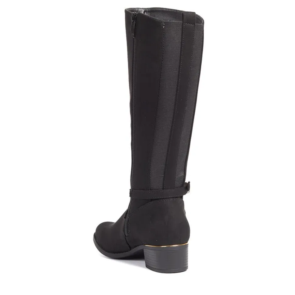 Stretch Back Buckle Detail Long Boots - Black