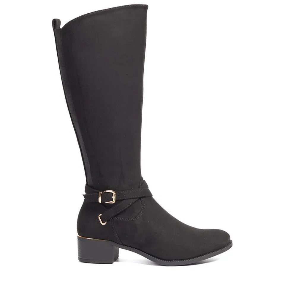 Stretch Back Buckle Detail Long Boots - Black