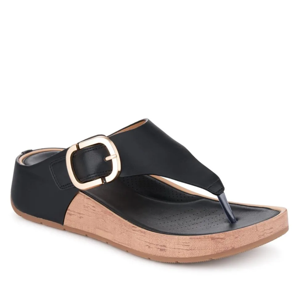 Touch Fasten Buckled Toe Post Sandals - Black