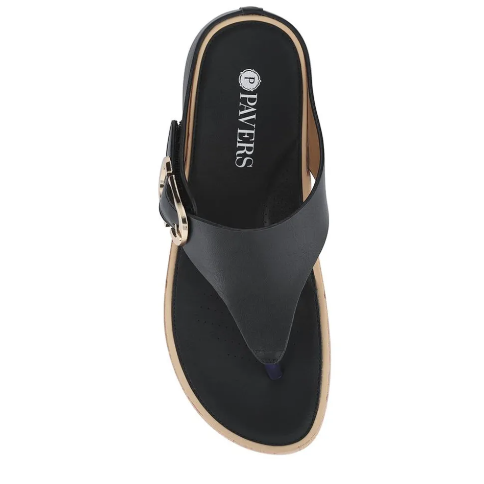 Touch Fasten Buckled Toe Post Sandals - Black