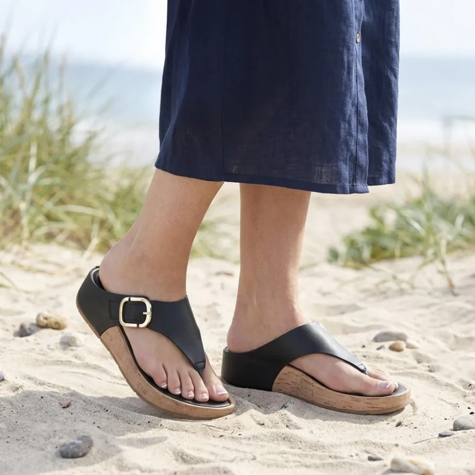 Touch Fasten Buckled Toe Post Sandals - Black