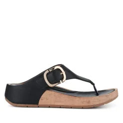 Touch Fasten Buckled Toe Post Sandals - Black