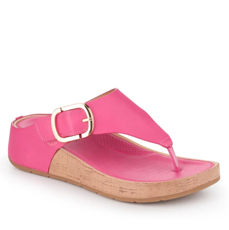 Touch Fasten Buckled Toe Post Sandals - Fuschia