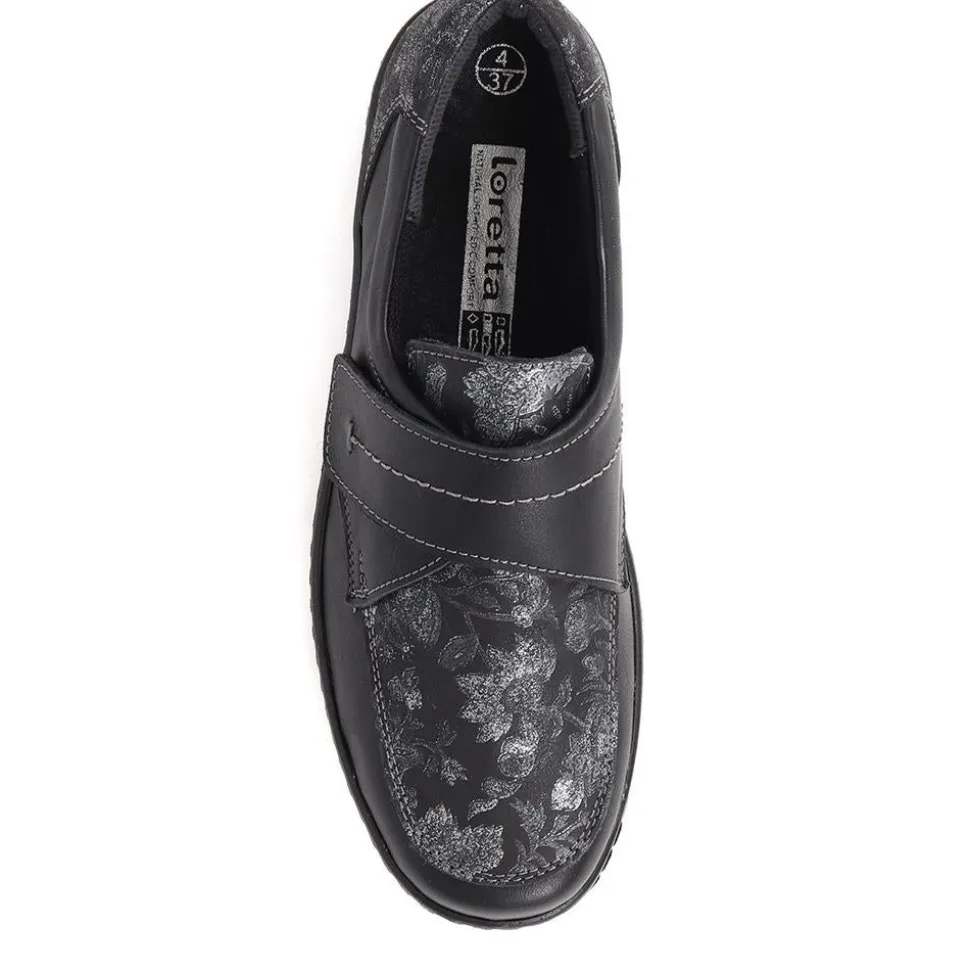 Touch-Fasten Floral Monk Shoes - Black Floral