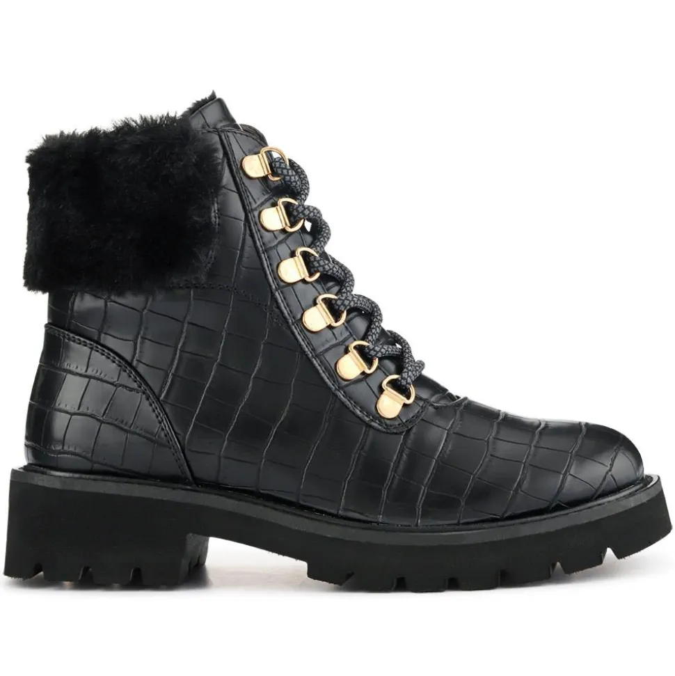 Warm Dual-Fasten Ankle Boots - Black Croc