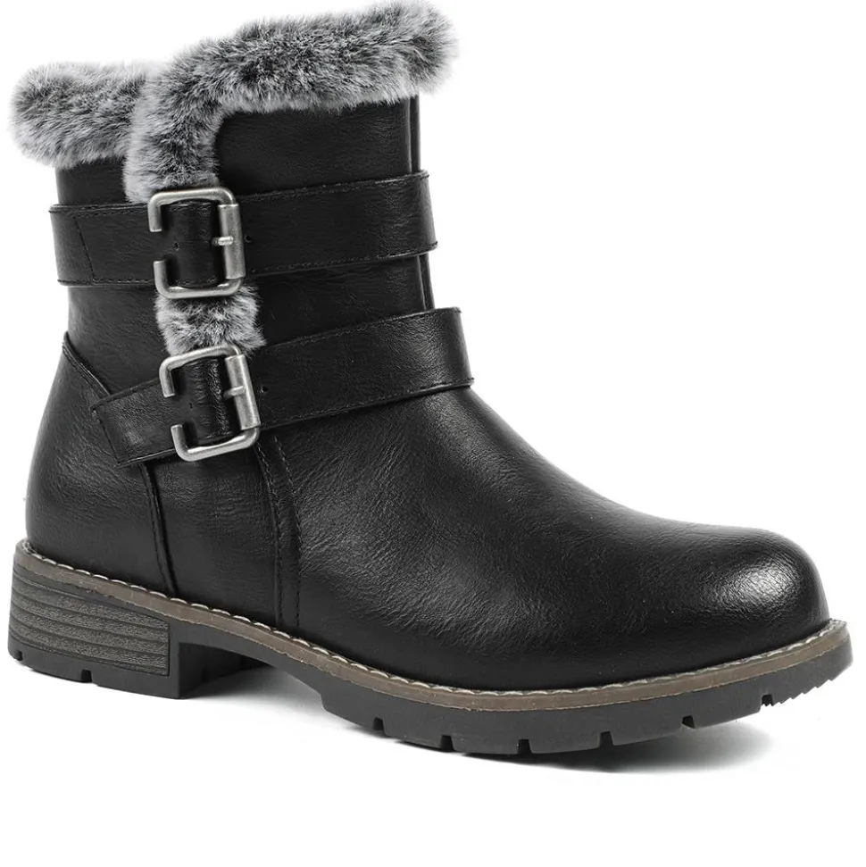 Warm Faux Fur Lined Ankle Boots - Black
