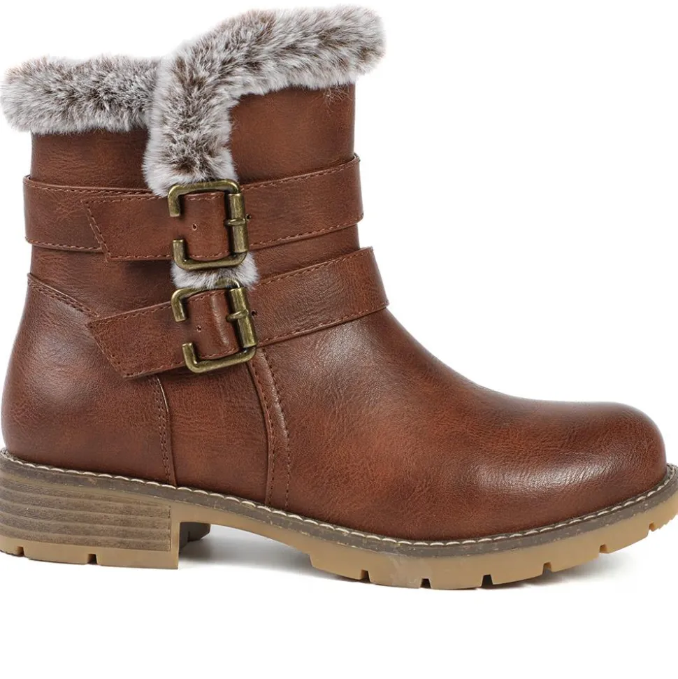 Warm Faux Fur Lined Ankle Boots - Brown