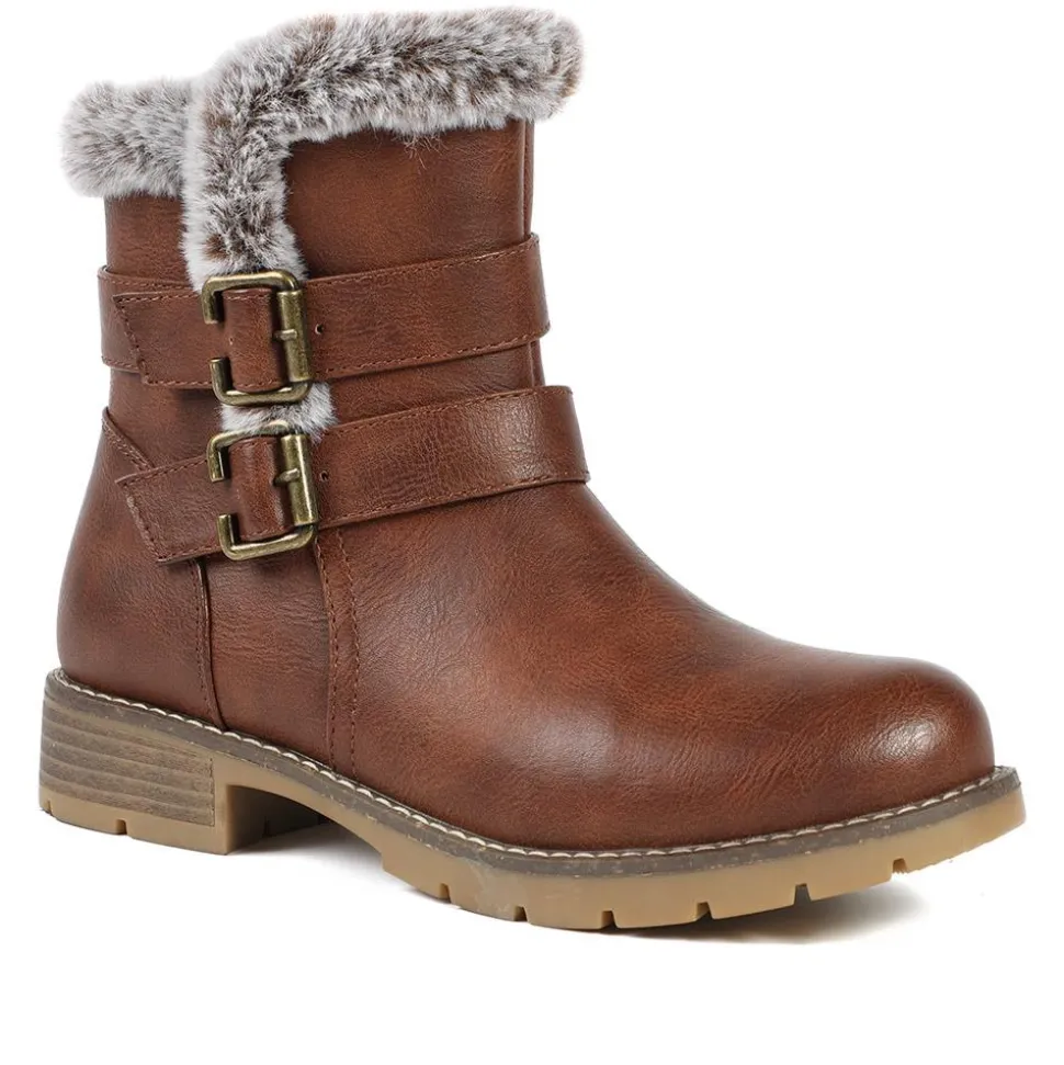 Warm Faux Fur Lined Ankle Boots - Brown