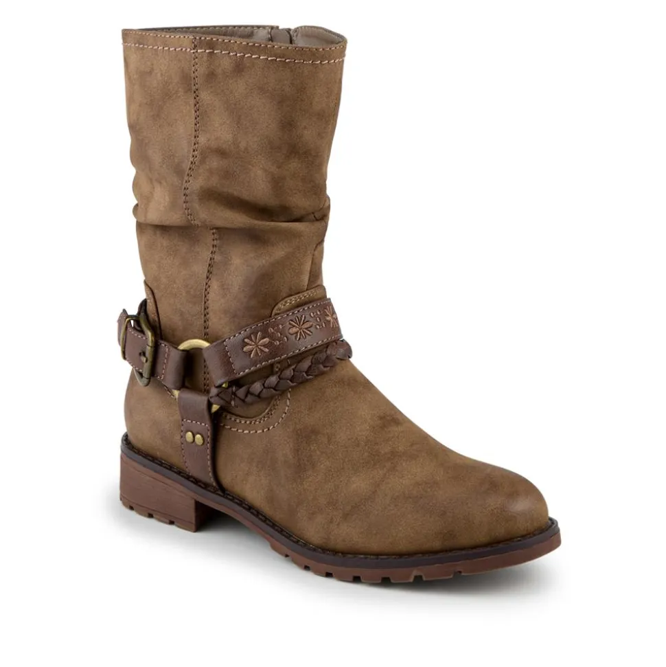 Warm Lined Strapped Upper Calf Length Boots - Taupe