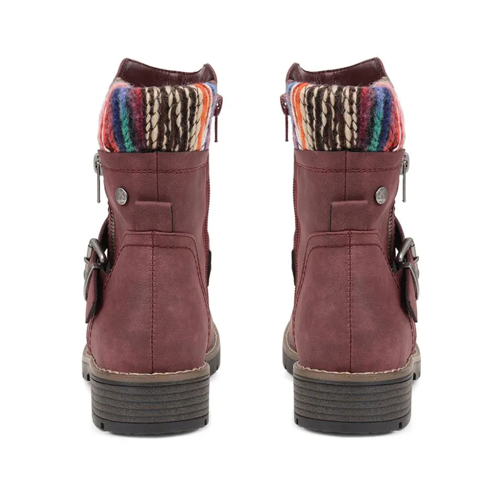 Water-Resistant Biker Boots - Burgundy