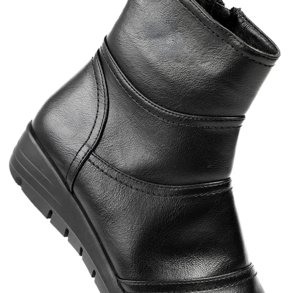 Wedge Heel Casual Zip Up Ankle Boots - Black