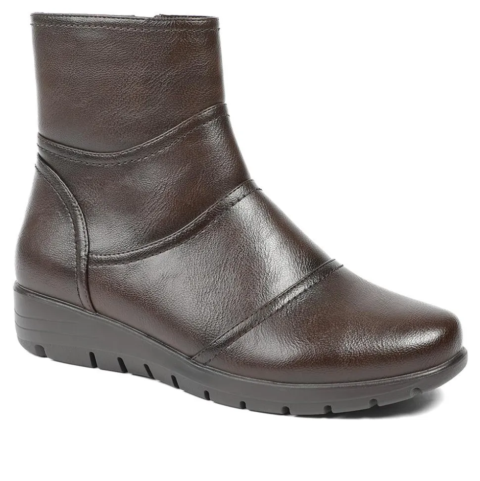 Wedge Heel Casual Zip Up Ankle Boots - Brown
