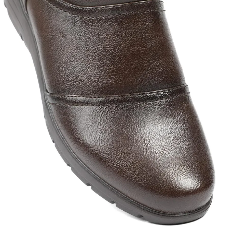 Wedge Heel Casual Zip Up Ankle Boots - Brown