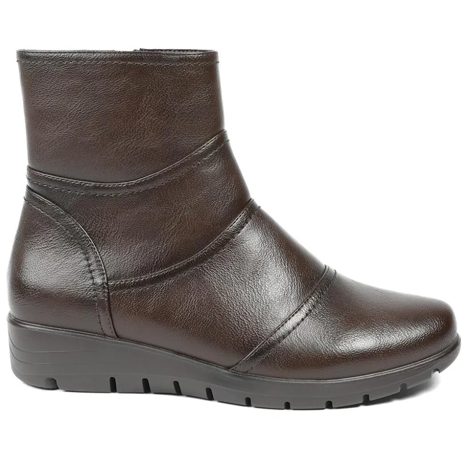 Wedge Heel Casual Zip Up Ankle Boots - Brown