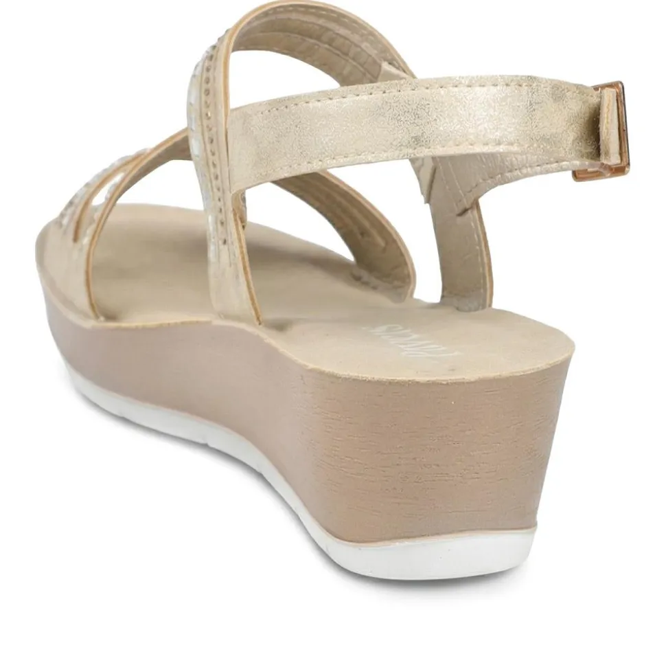 Wedge Heeled Buckle Fasten Sandals - Gold