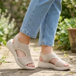 Wedge Heel Elasticated Fit Sandals - Beige