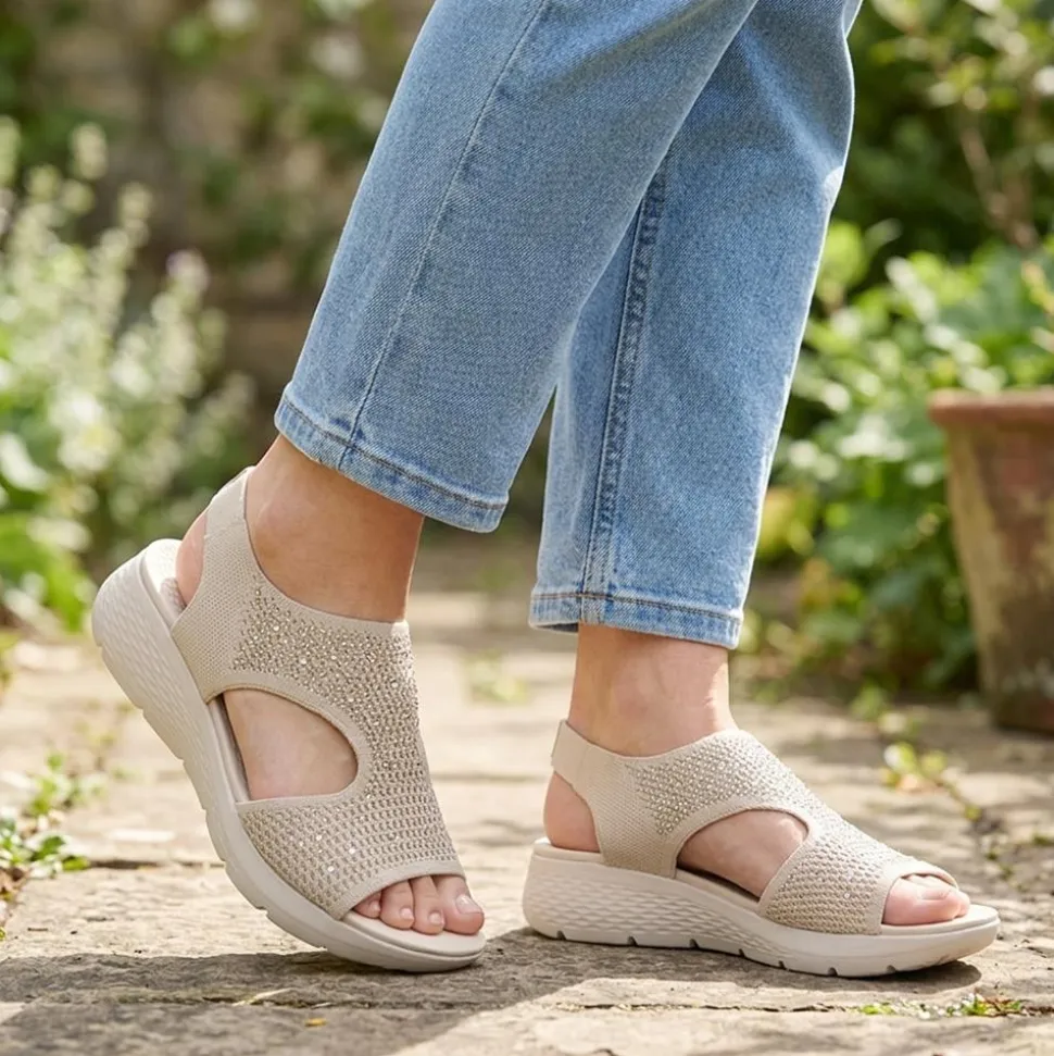 Wedge Heel Elasticated Fit Sandals - Beige
