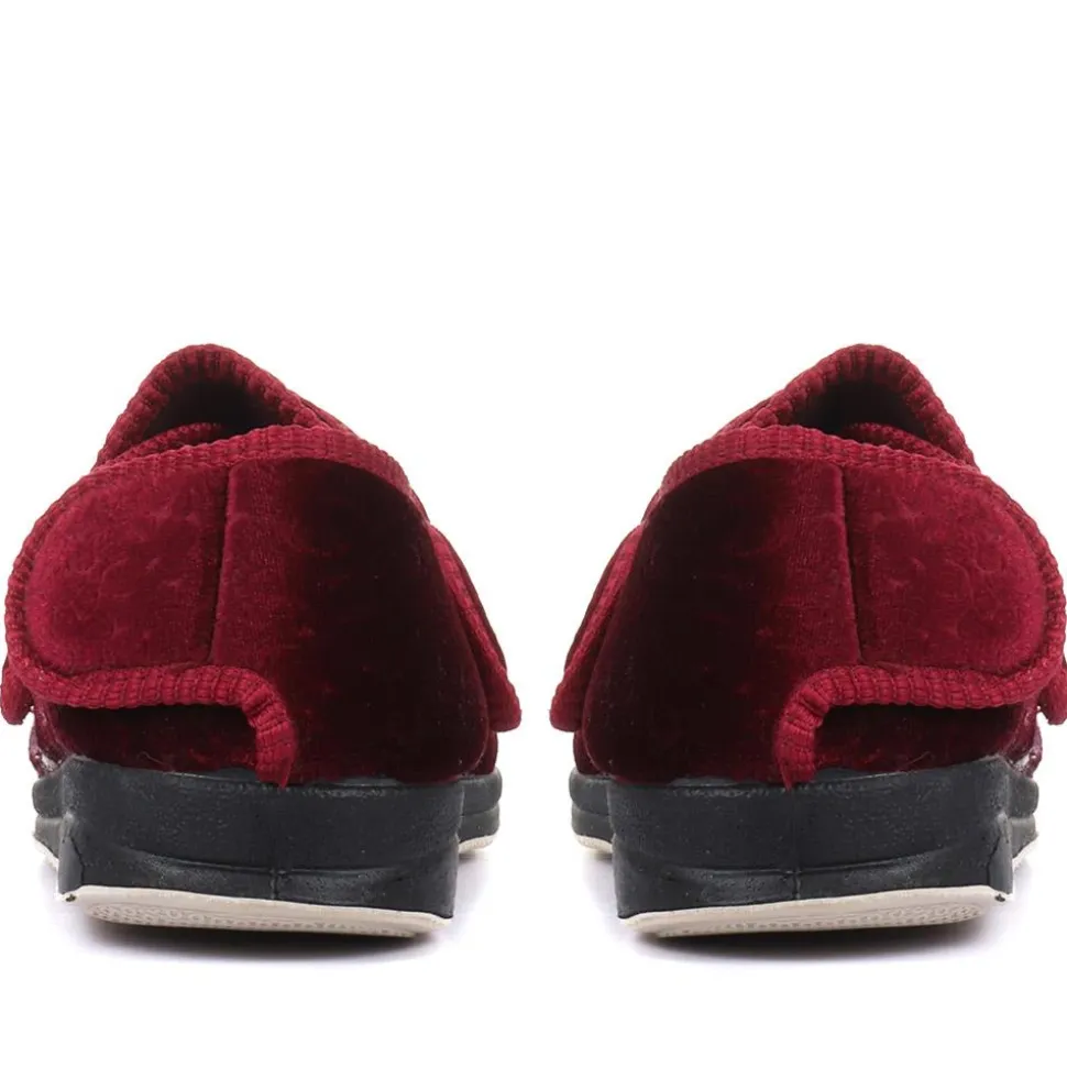 Wide Fit Adjustable Fasten Full Slipper - Burgundy