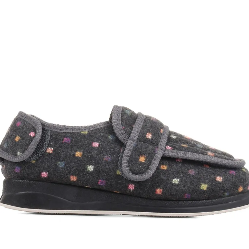 Wide Fit Adjustable Fasten Full Slipper - Grey Multi