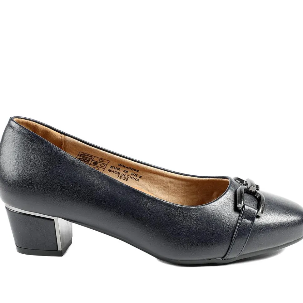 Wide Fit Block Heel Court Shoes - Navy