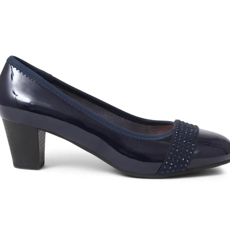 Wide Fit Block-Heeled Court Shoes - Navy Patent