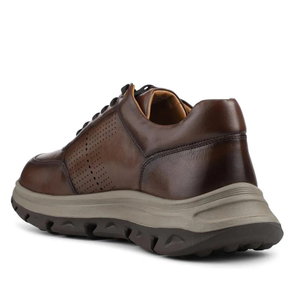 Wide Fit Breathable Leather Lace Up Trainers - Brown