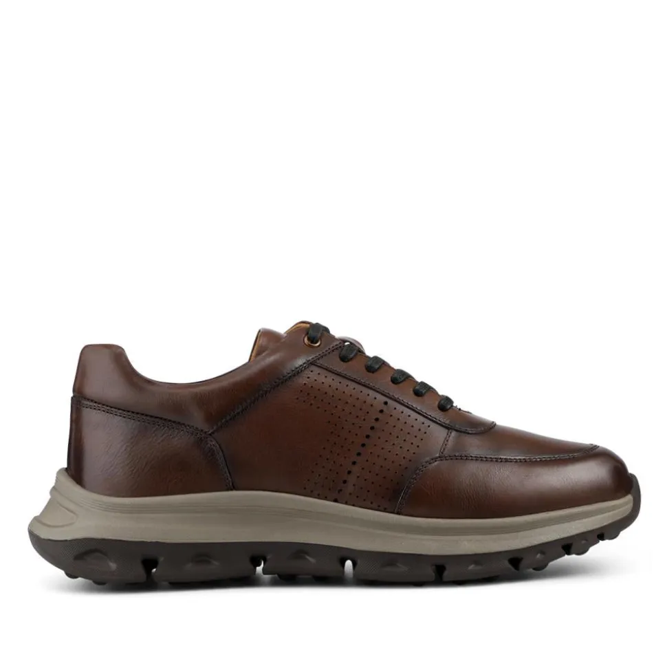 Wide Fit Breathable Leather Lace Up Trainers - Brown